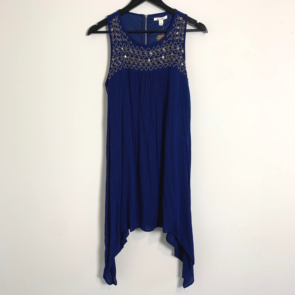NEW Miami Sleeveless Dress Womens S Blue Beaded Handkerchief Hem Boho Night Out